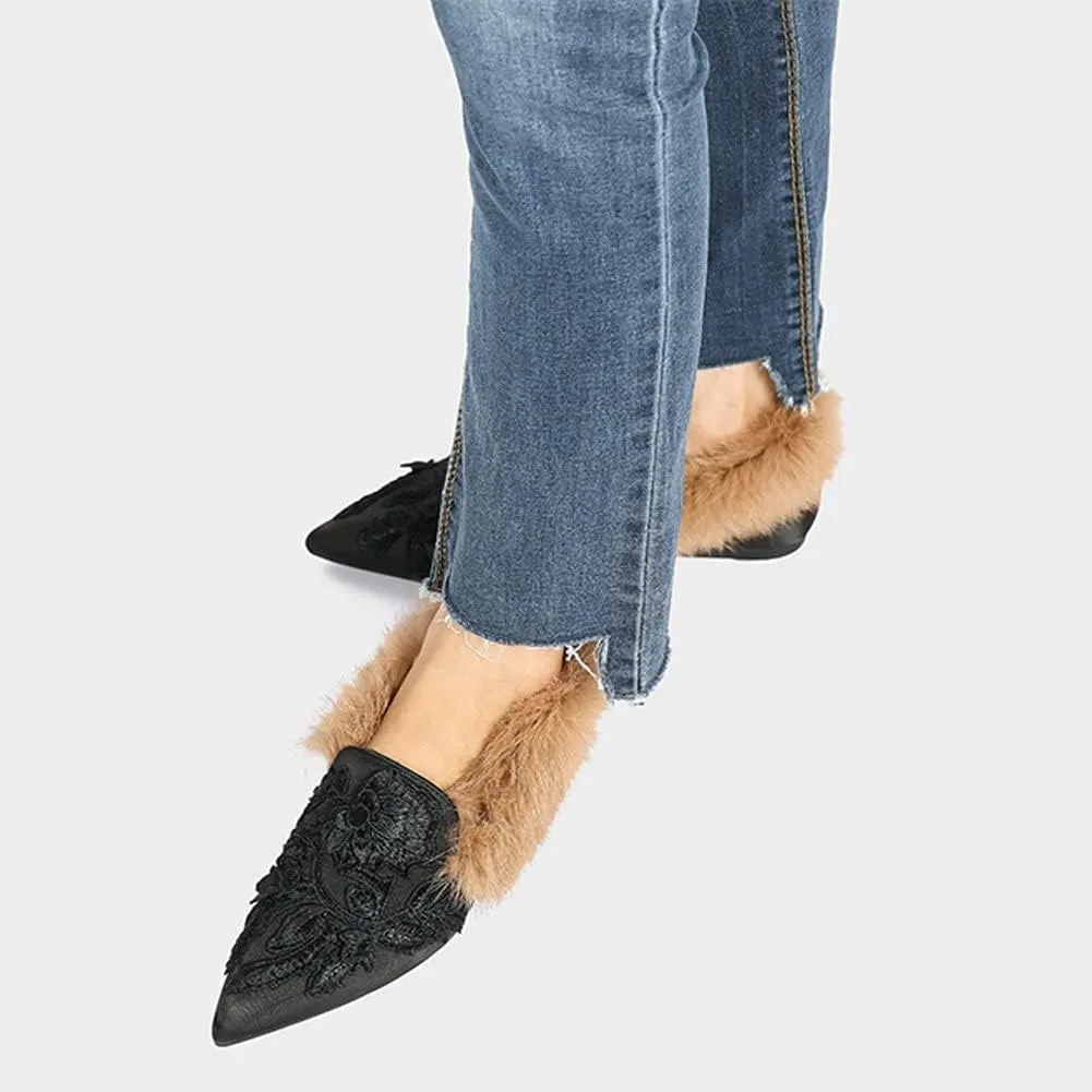 Slip On Loafers, Womens Embroidery Mule Shoes with Plush Lamb Fur Velvet Backless Pointed Toe Mule Slide