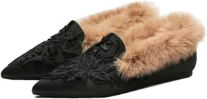 Slip On Loafers, Womens Embroidery Mule Shoes with Plush Lamb Fur Velvet Backless Pointed Toe Mule Slide