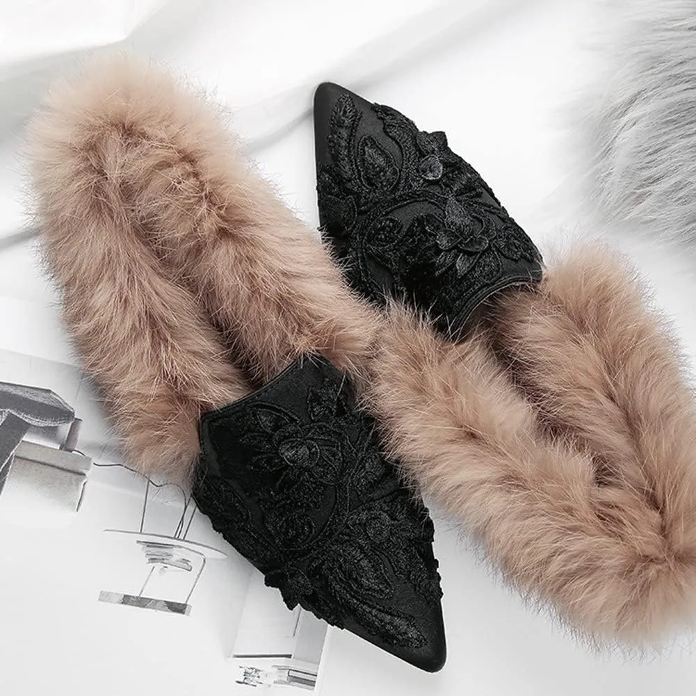 Slip On Loafers, Womens Embroidery Mule Shoes with Plush Lamb Fur Velvet Backless Pointed Toe Mule Slide