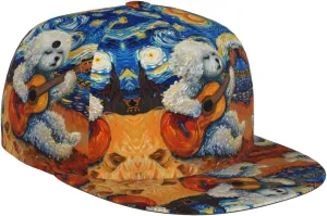 Snapback Hats for Men - Dog Guitar Starry Night Flat Bill Brim Hat for Men Adjustable Baseball Cap Black
