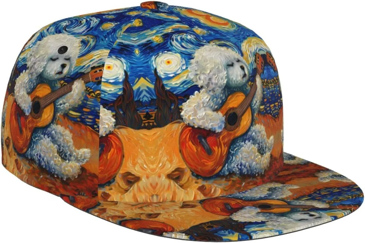 Snapback Hats for Men - Dog Guitar Starry Night Flat Bill Brim Hat for Men Adjustable Baseball Cap Black