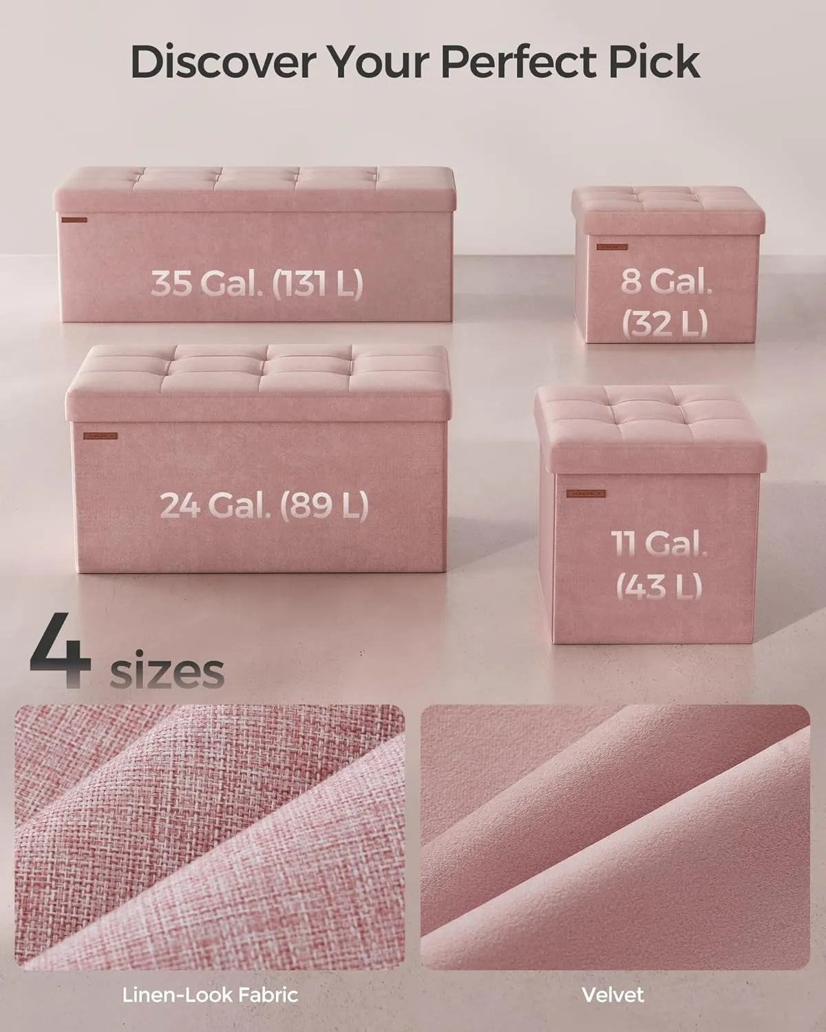 SONGMICS Storage Ottoman, Foldable Small Ottoman Foot Rest, 12.2 x 16.1 Inches Foot Stool, Load up to 286 lb, for Living Room, Bedroom, Dorm, Jelly Pink ULSF200R01