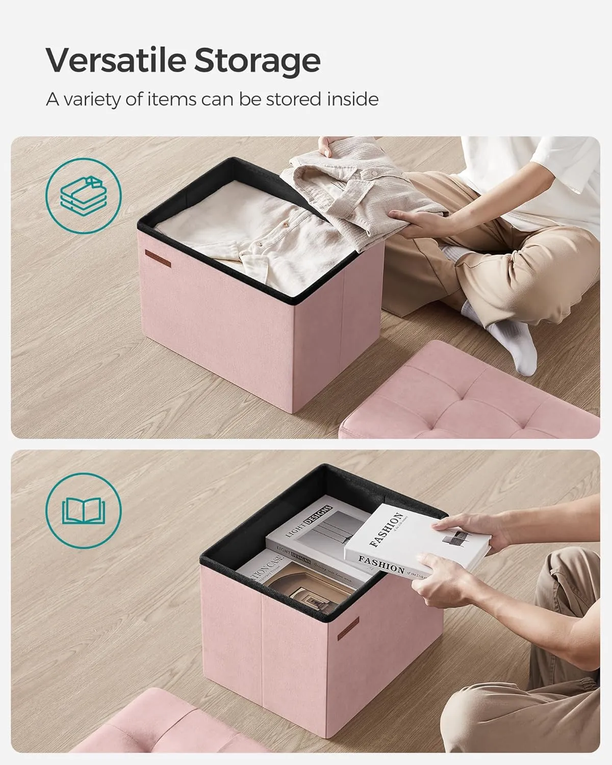 SONGMICS Storage Ottoman, Foldable Small Ottoman Foot Rest, 12.2 x 16.1 Inches Foot Stool, Load up to 286 lb, for Living Room, Bedroom, Dorm, Jelly Pink ULSF200R01