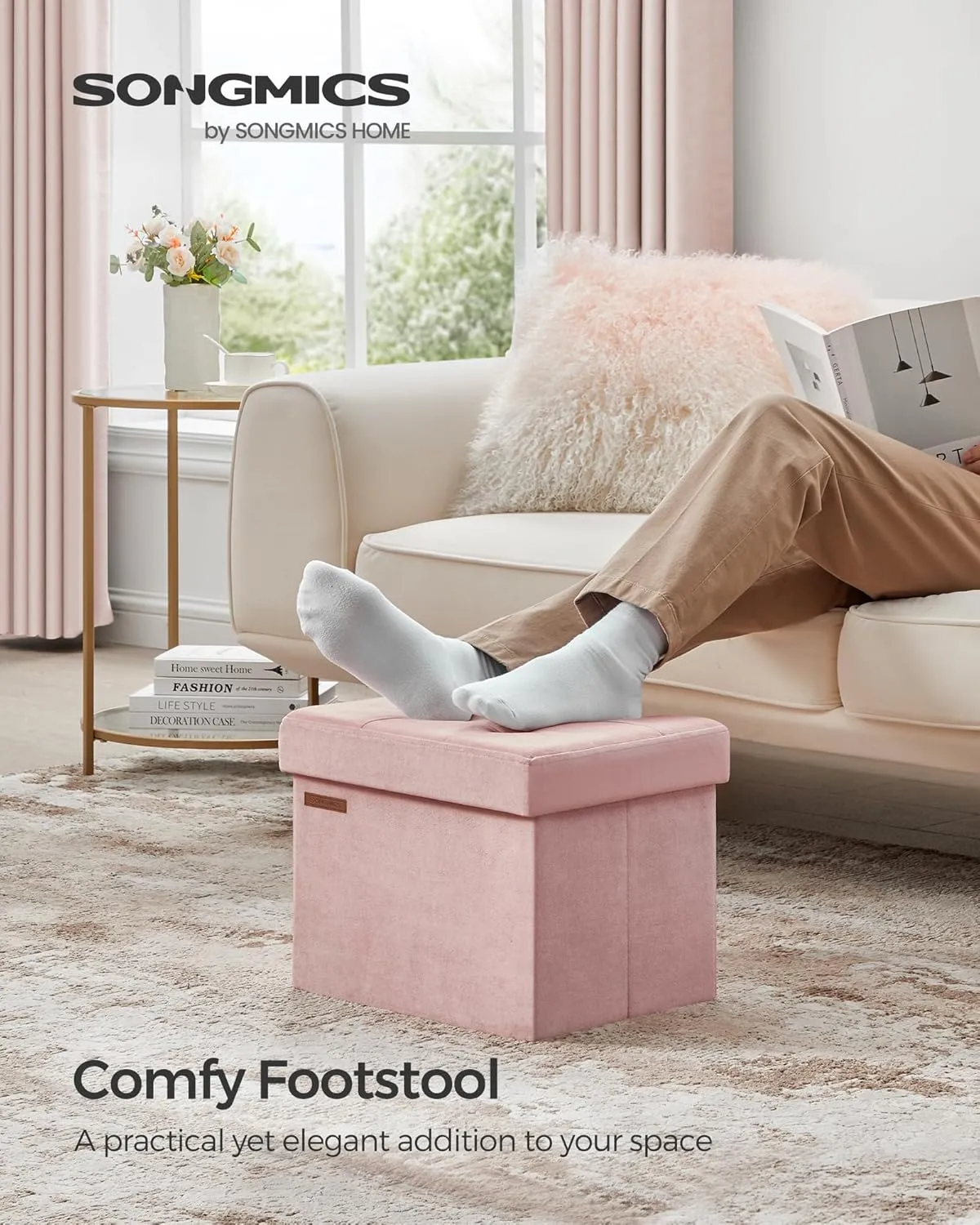 SONGMICS Storage Ottoman, Foldable Small Ottoman Foot Rest, 12.2 x 16.1 Inches Foot Stool, Load up to 286 lb, for Living Room, Bedroom, Dorm, Jelly Pink ULSF200R01