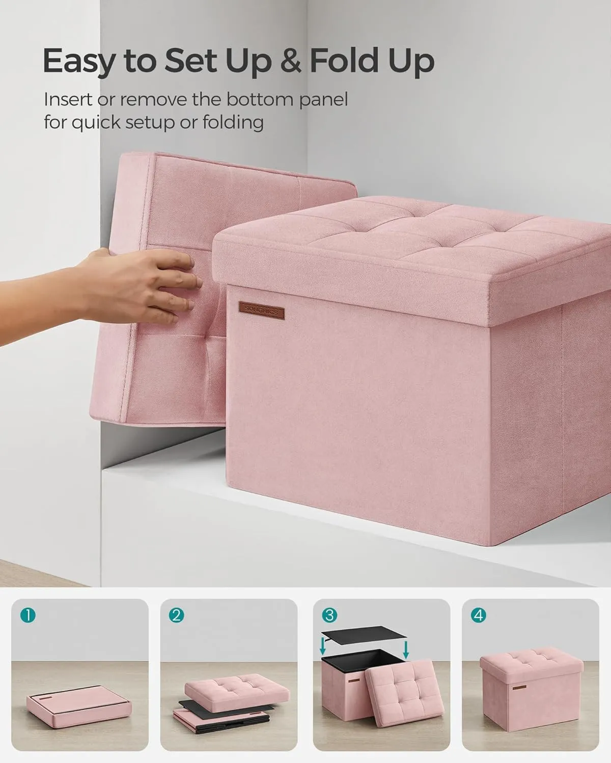 SONGMICS Storage Ottoman, Foldable Small Ottoman Foot Rest, 12.2 x 16.1 Inches Foot Stool, Load up to 286 lb, for Living Room, Bedroom, Dorm, Jelly Pink ULSF200R01