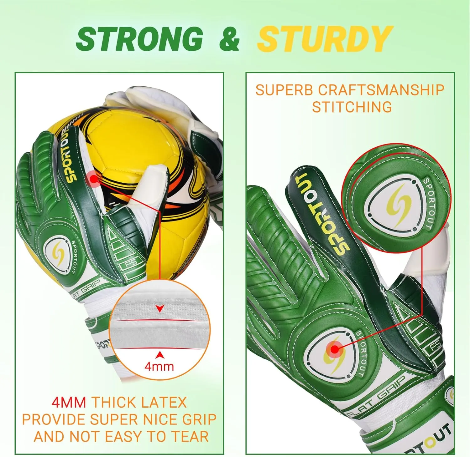 Sportout Goalkeeper Gloves with Finger Protect - Breathable Soccer Gloves, 4mm Latex, for Kids, Youth and Adult