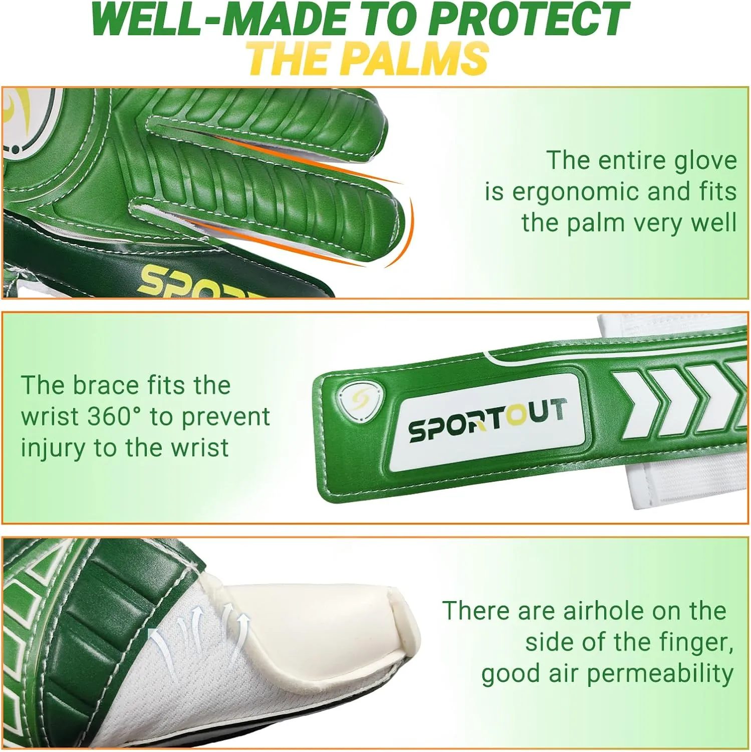 Sportout Goalkeeper Gloves with Finger Protect - Breathable Soccer Gloves, 4mm Latex, for Kids, Youth and Adult