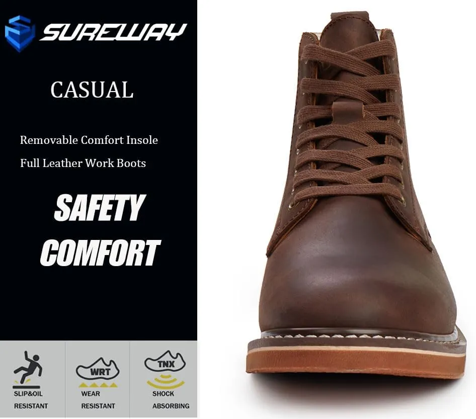 SUREWAY Men’s 6" Stylish and Comfort Leather Ankle Lace-up Boots,Men Dress Chukka Boots,6-Inch Service Boot Pro,Casual Soft toe Brown Work Boots