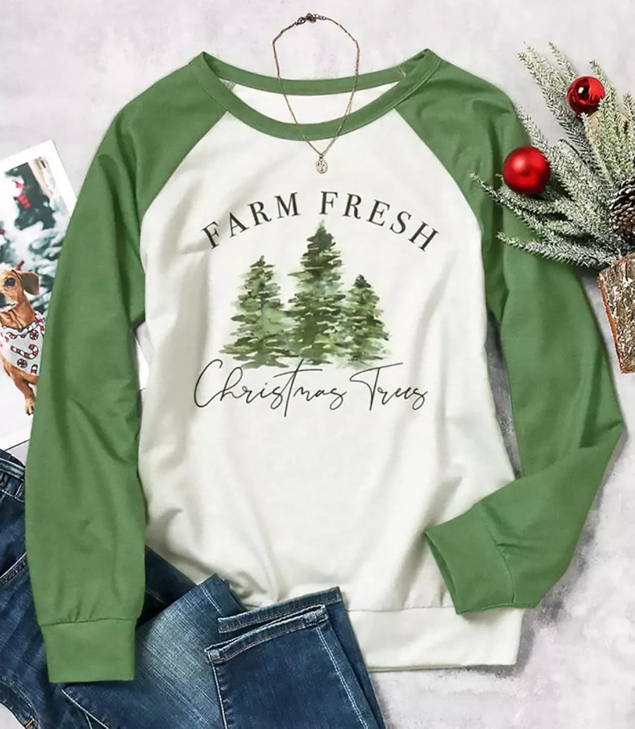 Susongeth Farm Fresh Christmas Trees Baseball Sweatshirt for Women Merry Christmas Splicing Plaid Raglan Pullover Shirts