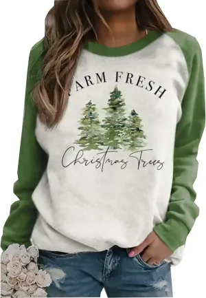 Susongeth Farm Fresh Christmas Trees Baseball Sweatshirt for Women Merry Christmas Splicing Plaid Raglan Pullover Shirts
