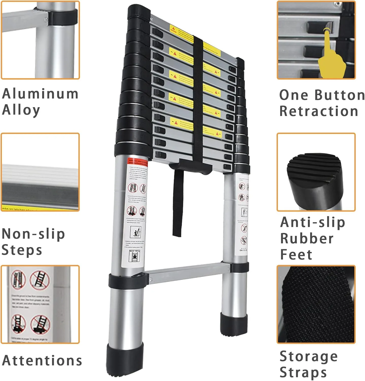 Telescoping Extension Ladder 14.5 FT, Folding Telescopic Aluminum Ladders, Lightweight Collapsible Ladder Step for RV Roof Attic Home, 330 LB Capacity (14.5 FT)