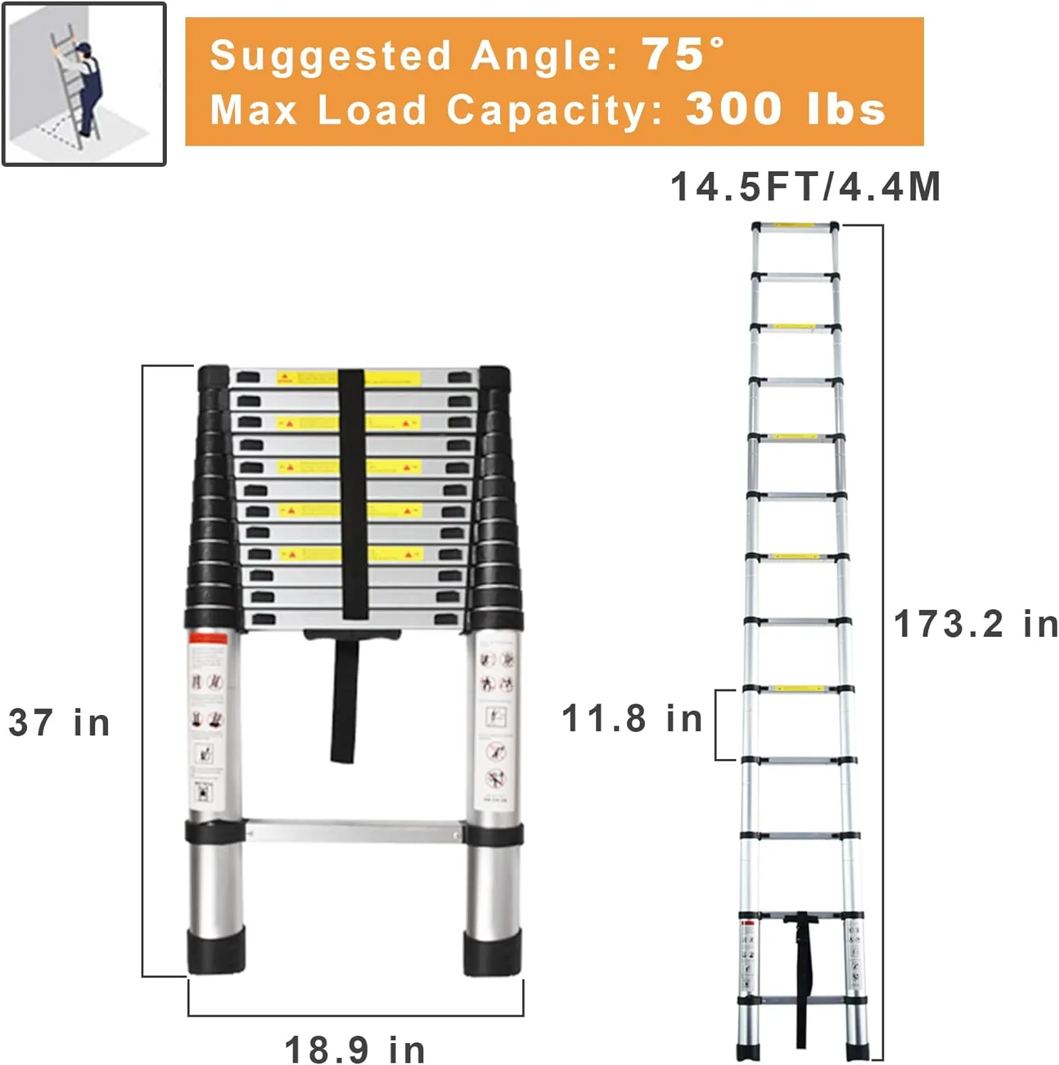 Telescoping Extension Ladder 14.5 FT, Folding Telescopic Aluminum Ladders, Lightweight Collapsible Ladder Step for RV Roof Attic Home, 330 LB Capacity (14.5 FT)