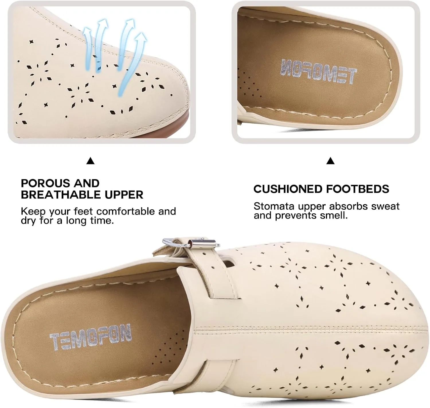 TEMOFON Clogs for Women Mules Shoes: Comfortable Arch Support Closed Toe Sandals Backless Low Wedge Slip on Shoes