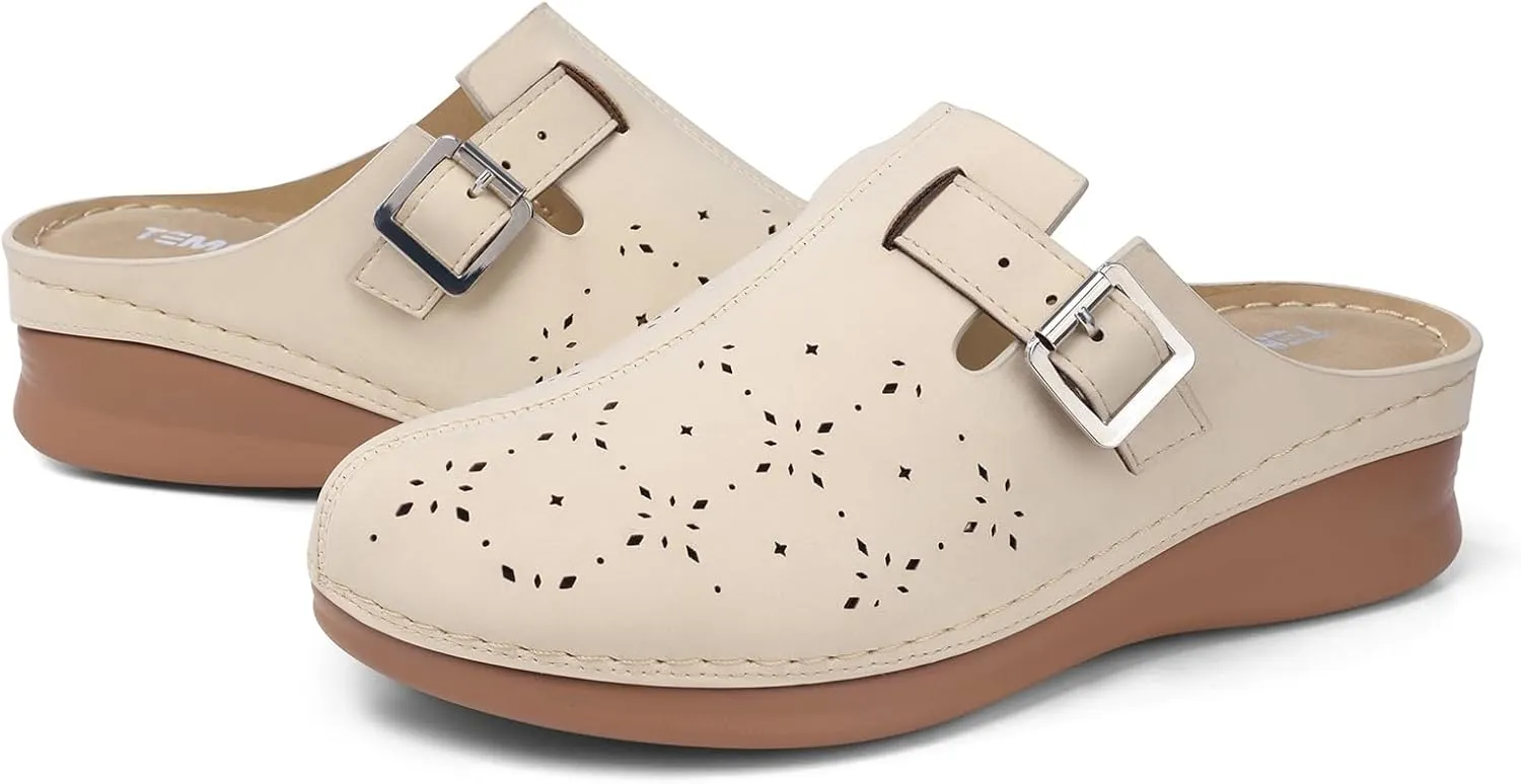 TEMOFON Clogs for Women Mules Shoes: Comfortable Arch Support Closed Toe Sandals Backless Low Wedge Slip on Shoes