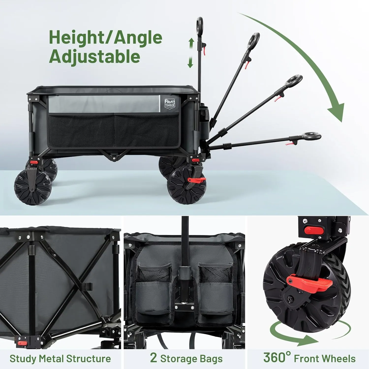TIMBER RIDGE Outdoor Collapsible Wagon Utility Folding Cart Heavy Duty All Terrain Wheels for Shopping Camping Garden with Side Bag and Cup Holders, Grey