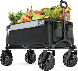TIMBER RIDGE Outdoor Collapsible Wagon Utility Folding Cart Heavy Duty All Terrain Wheels for Shopping Camping Garden with Side Bag and Cup Holders, Grey