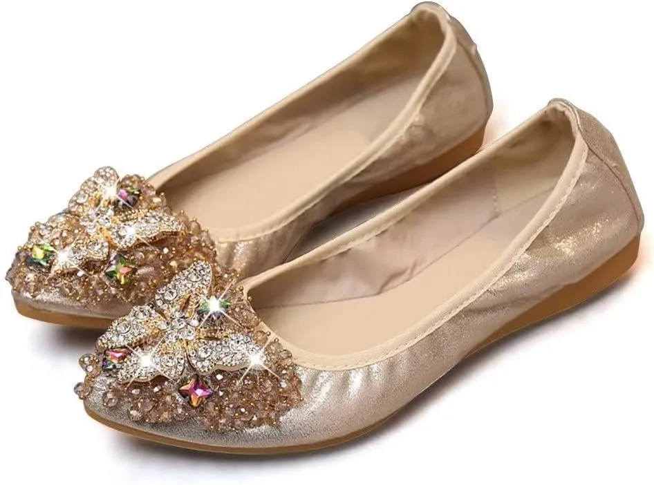 TN TANGNEST Womens Shiny Foldable Ballet Flats Wedding Rhinestone Slip On Flat Shoes
