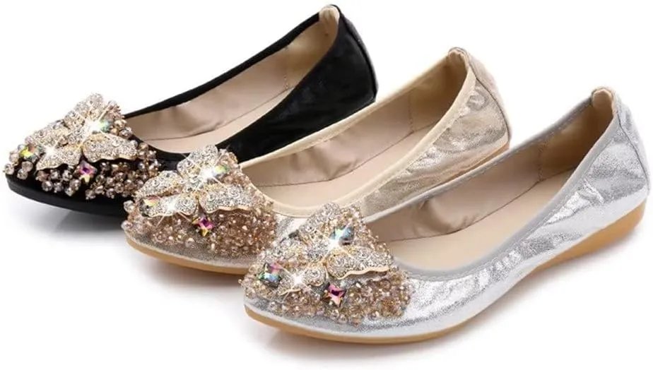 TN TANGNEST Womens Shiny Foldable Ballet Flats Wedding Rhinestone Slip On Flat Shoes
