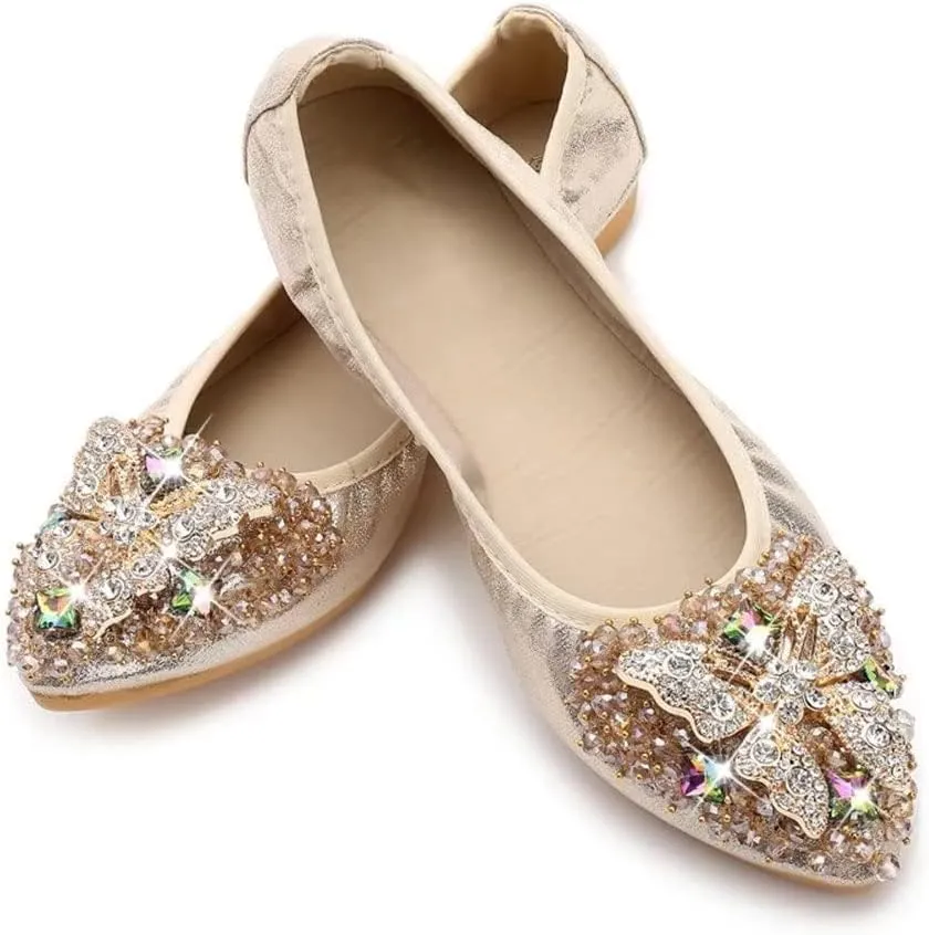 TN TANGNEST Womens Shiny Foldable Ballet Flats Wedding Rhinestone Slip On Flat Shoes