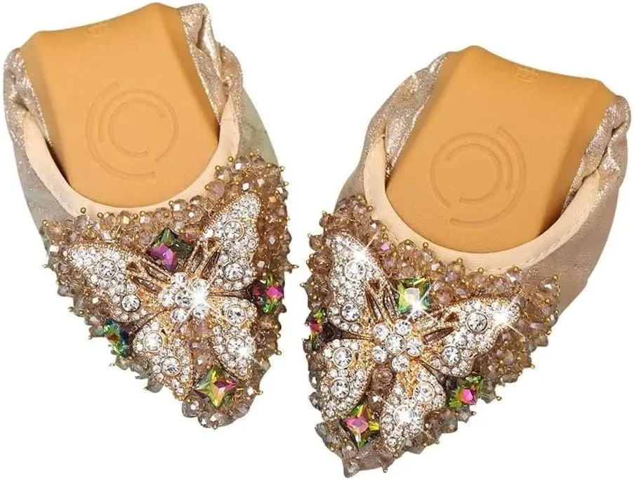 TN TANGNEST Womens Shiny Foldable Ballet Flats Wedding Rhinestone Slip On Flat Shoes