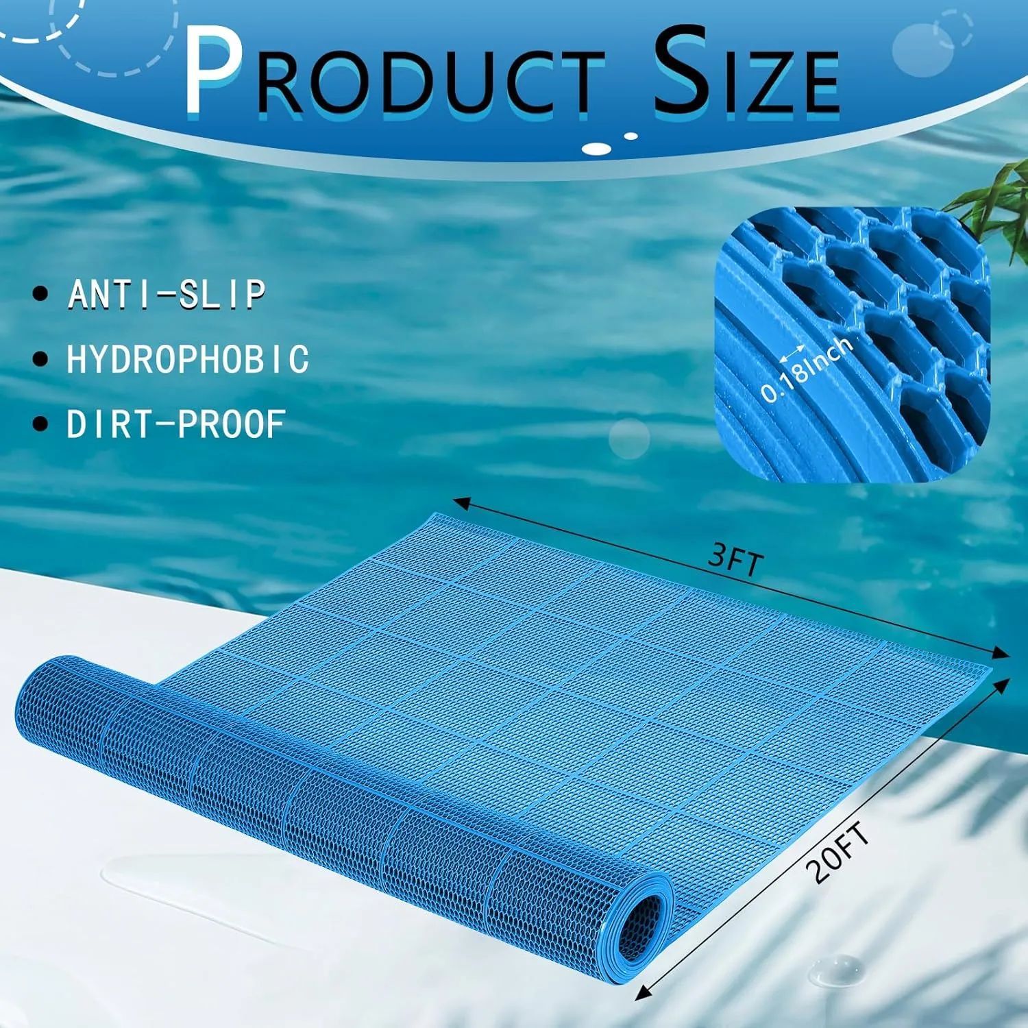 Tondiamo Drainage Pool Flooring Mats Swimming Pool Non Slip Mat PVC Splash Matting Mesh Hollow Doormat Roll for Outdoor Indoor Patio Restaurant Garage Kitchen Bathroom Bars(3 x 20 ft,Blue)