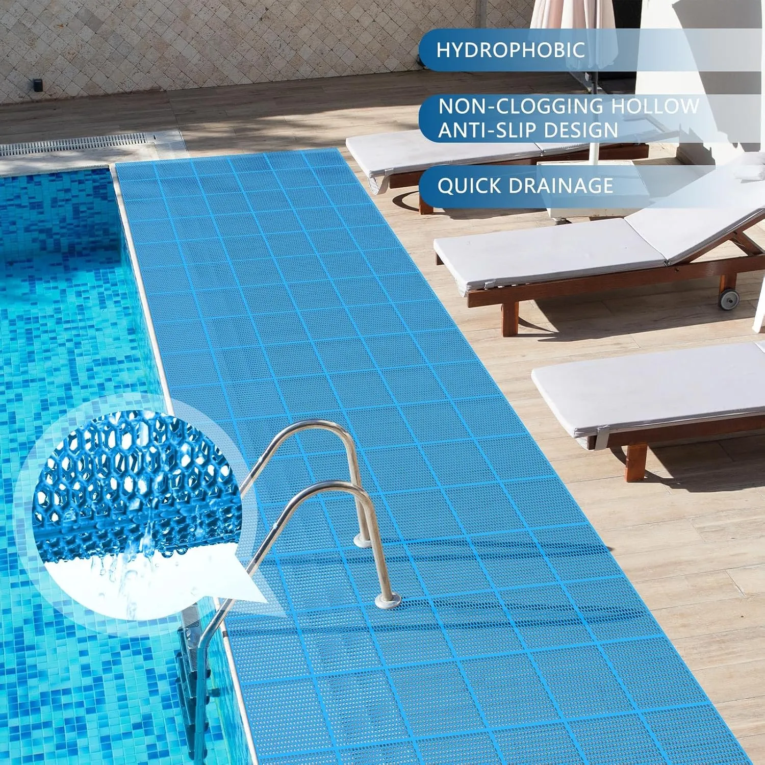 Tondiamo Drainage Pool Flooring Mats Swimming Pool Non Slip Mat PVC Splash Matting Mesh Hollow Doormat Roll for Outdoor Indoor Patio Restaurant Garage Kitchen Bathroom Bars(3 x 20 ft,Blue)