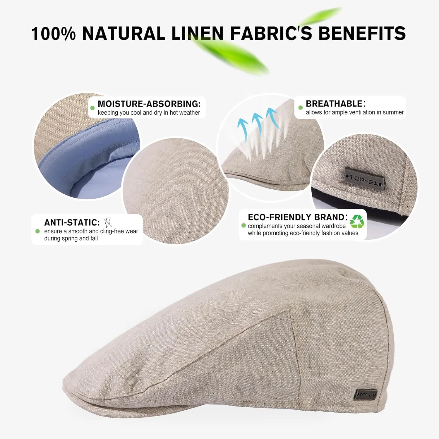 TOP-EX L/XL/XXL 100% Natural Linen Flat Cap Summer Cooling Newsboy Cap
