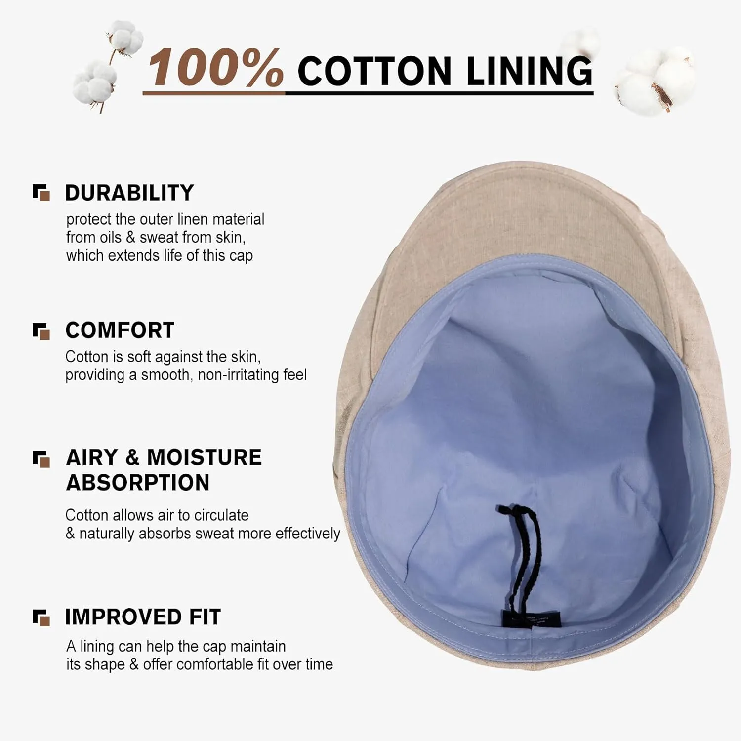 TOP-EX L/XL/XXL 100% Natural Linen Flat Cap Summer Cooling Newsboy Cap