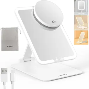 Travel Makeup Mirror with Lights, Rechargeable Compact Mirrors, Portable Lighted Beauty Mirror, 3 Colors Lighted Makeup Mirrors,Dimmable Touch Screen, Tabletop LED Folding Cosmetic Vanity Mirror