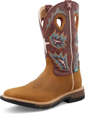 Twisted X Men's 12" Western Work Boot, Square Toe with CellStretch, Tan & Burgundy, 9.5 EE