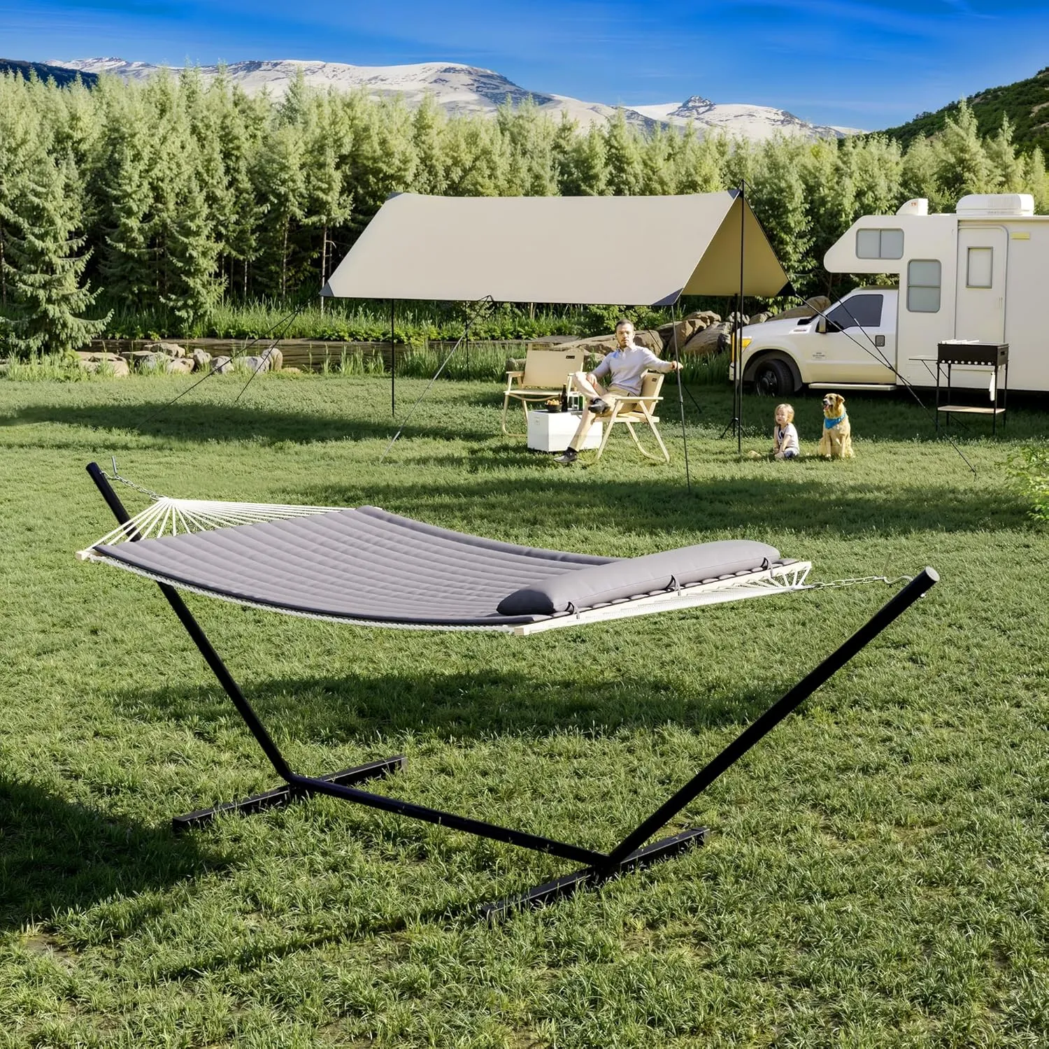 Ultra-Comfort 2-Person Hammock Set with Foldable Steel Frame – Heavy-Duty Outdoor Lounger for Garden, Camping & Patio (450lb Capacity   Quick-Stow Carry Bag),Dark Gray (Flat)
