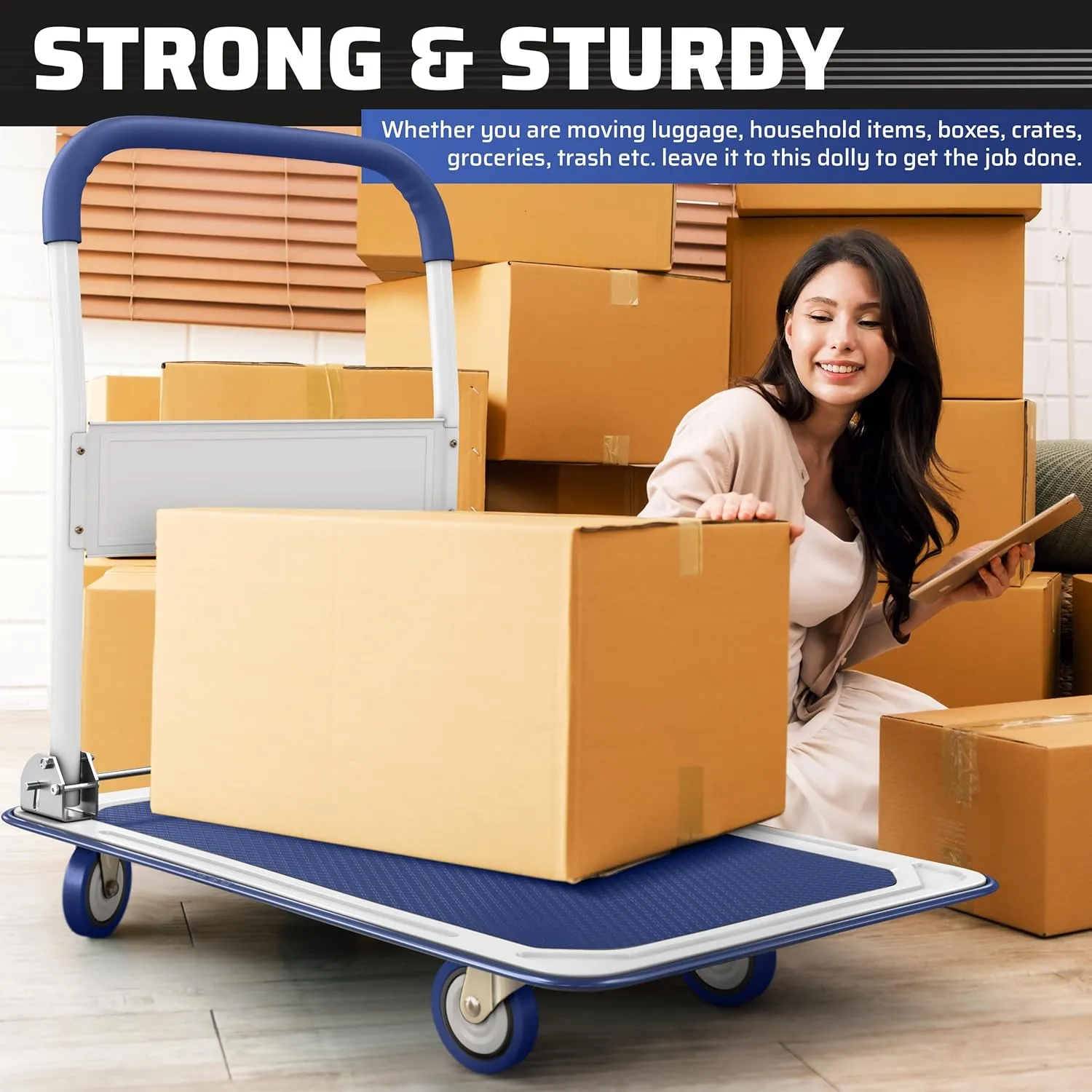 Upgraded Foldable Push Cart Dolly | 660 lbs. Capacity Moving Platform Hand Truck | Heavy Duty Space Saving Collapsible | Swivel Push Handle Flat Bed Wagon - Blue