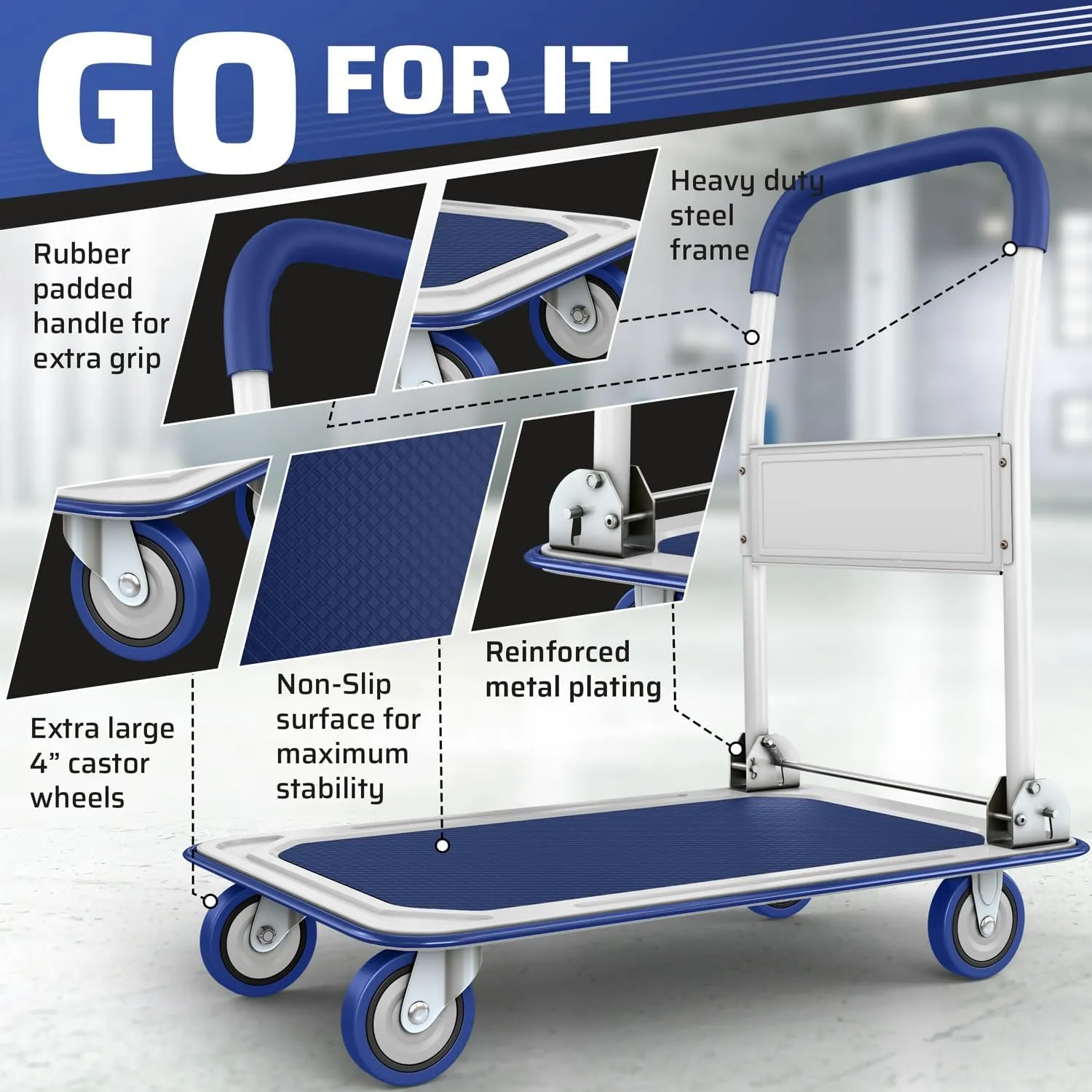 Upgraded Foldable Push Cart Dolly | 660 lbs. Capacity Moving Platform Hand Truck | Heavy Duty Space Saving Collapsible | Swivel Push Handle Flat Bed Wagon - Blue
