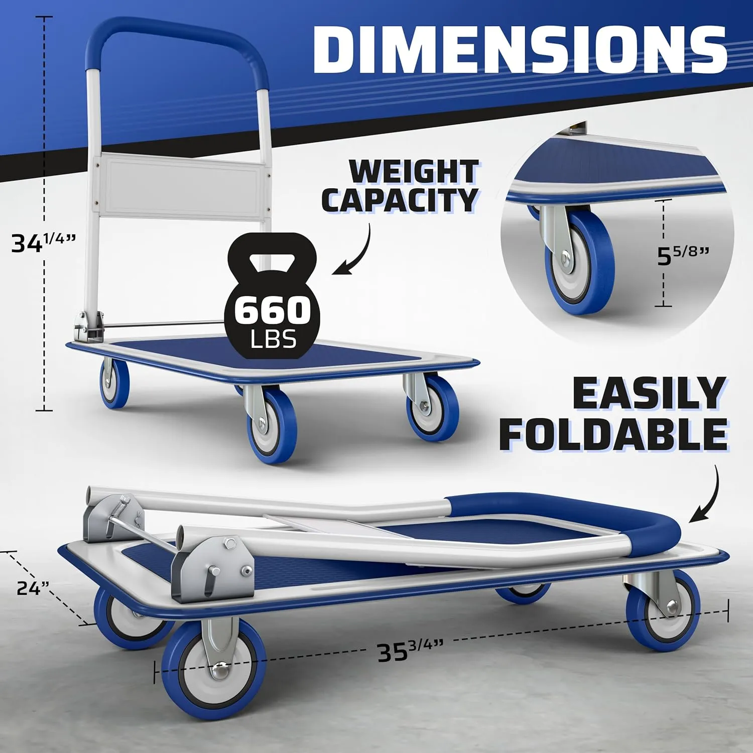 Upgraded Foldable Push Cart Dolly | 660 lbs. Capacity Moving Platform Hand Truck | Heavy Duty Space Saving Collapsible | Swivel Push Handle Flat Bed Wagon - Blue