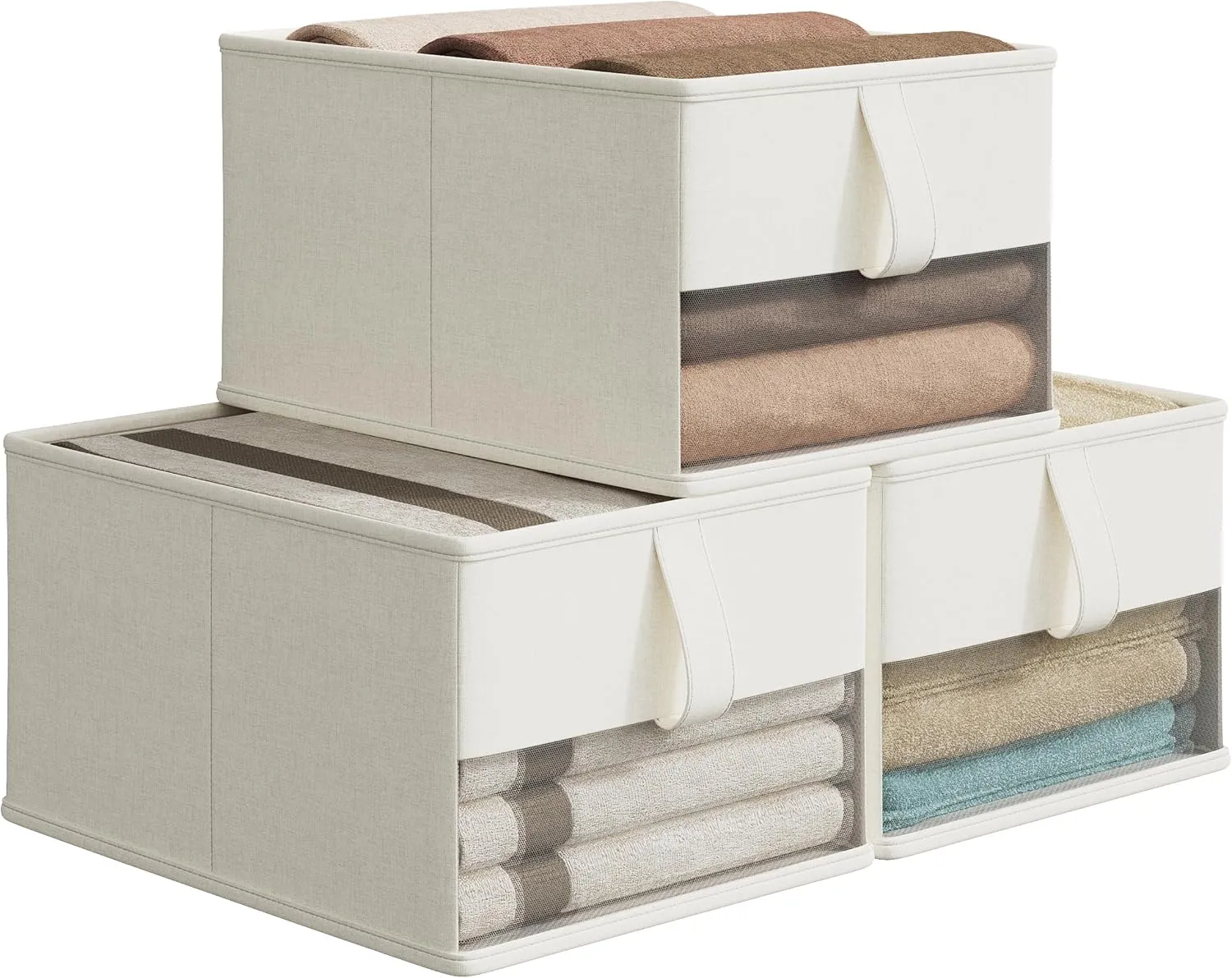 Vailando Foldable Storage Bins with Clear Window, Fabric Organizer for Closet, Shelves & Cubes - Breathable, Odor-Free Storage Boxes for Towels, Clothes, Toys, Books - 14.75"x10.25"x8", White, 3-Pack