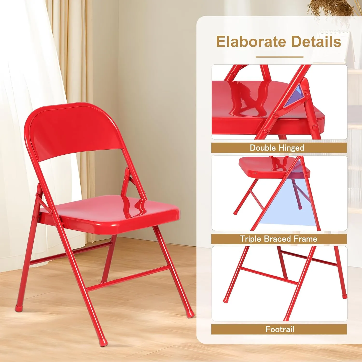 VECELO Metal Folding Chairs 4 Pack, Double Hinged Steel Frame Easy Foldable&Stackable for Office Kitchen Dinning Wedding Patio and Garden