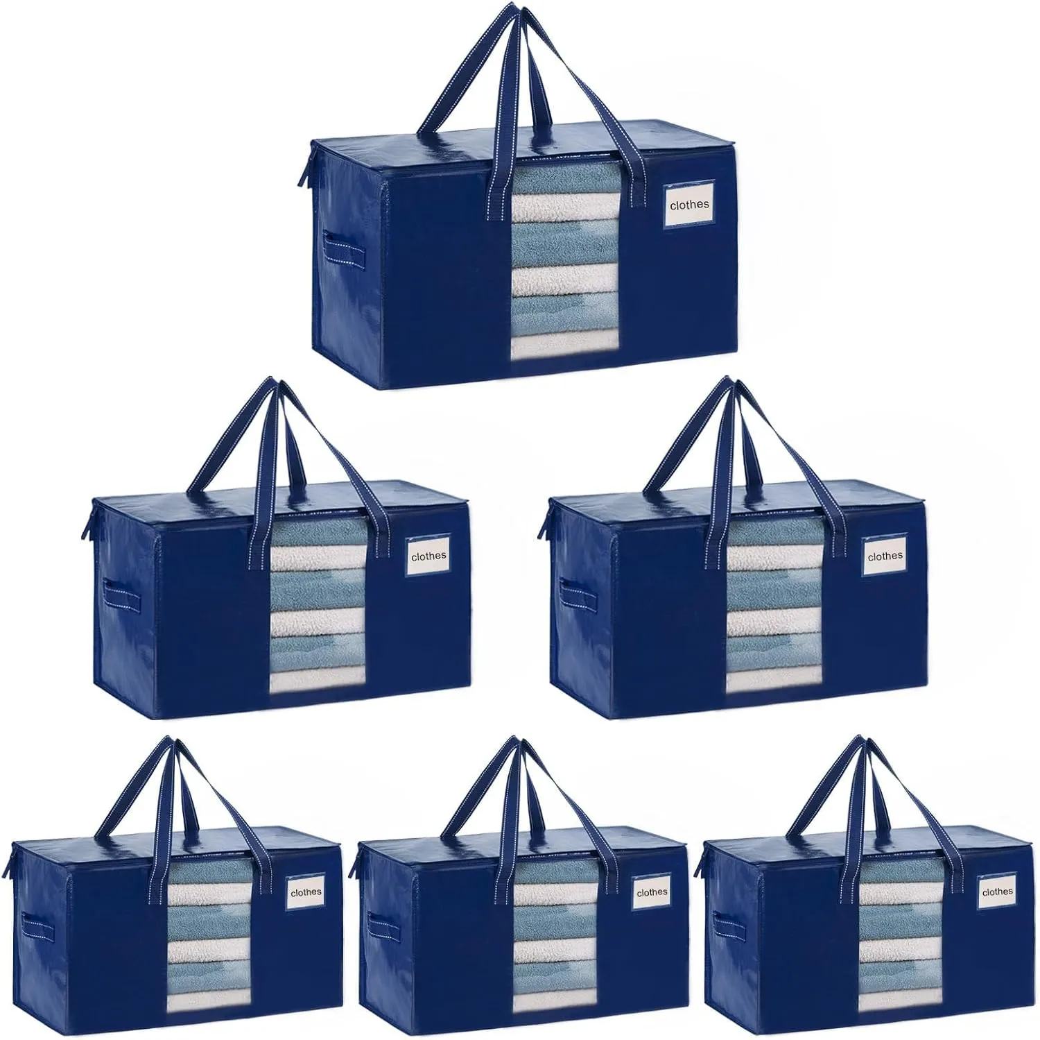 VENO 6 Pack Moving Bags, Comforter and Blanket Storage Bags for Closet, Moving Boxes, Boxes with Lids Alternative, College Dorm Packing Supplies, Foldable Heavy-Duty Tote with Window (Blue, 6 Pack)