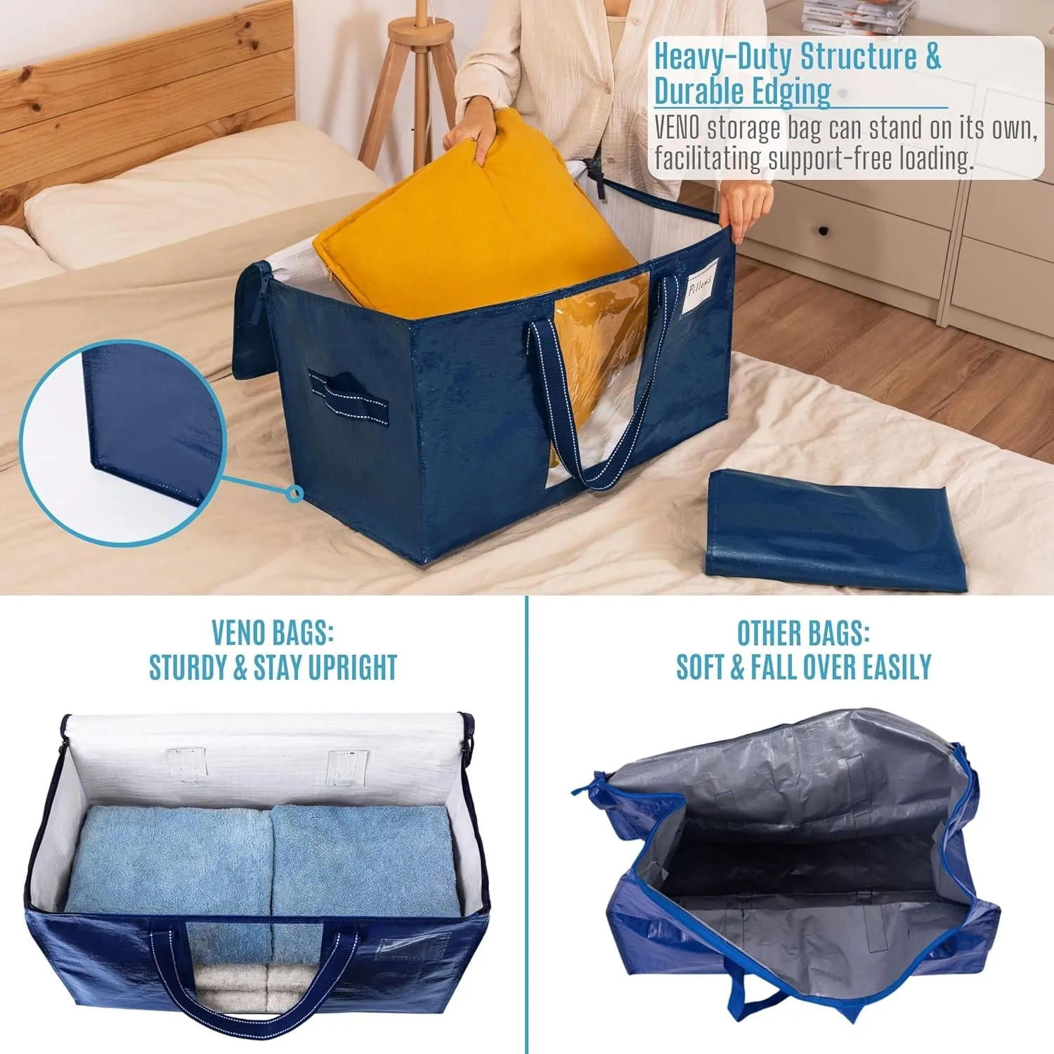 VENO 6 Pack Moving Bags, Comforter and Blanket Storage Bags for Closet, Moving Boxes, Boxes with Lids Alternative, College Dorm Packing Supplies, Foldable Heavy-Duty Tote with Window (Blue, 6 Pack)