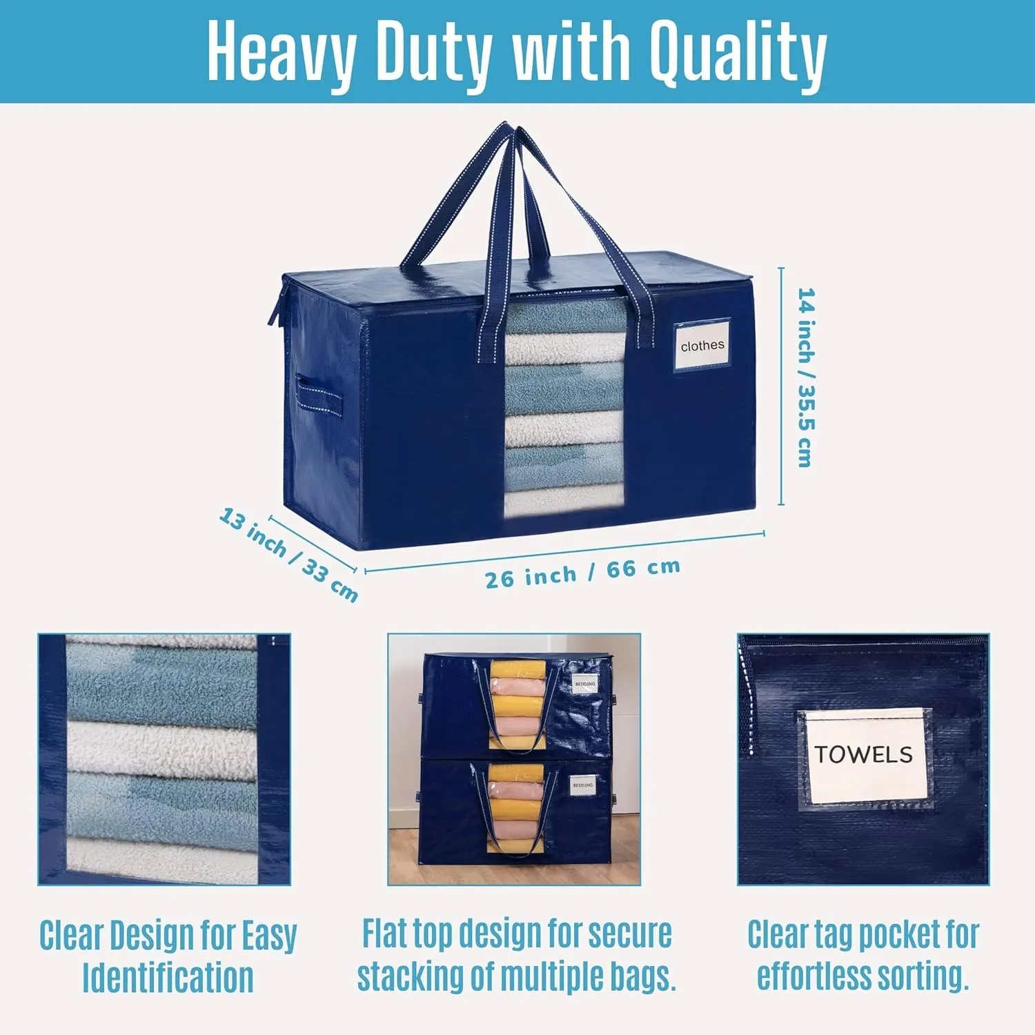 VENO 6 Pack Moving Bags, Comforter and Blanket Storage Bags for Closet, Moving Boxes, Boxes with Lids Alternative, College Dorm Packing Supplies, Foldable Heavy-Duty Tote with Window (Blue, 6 Pack)