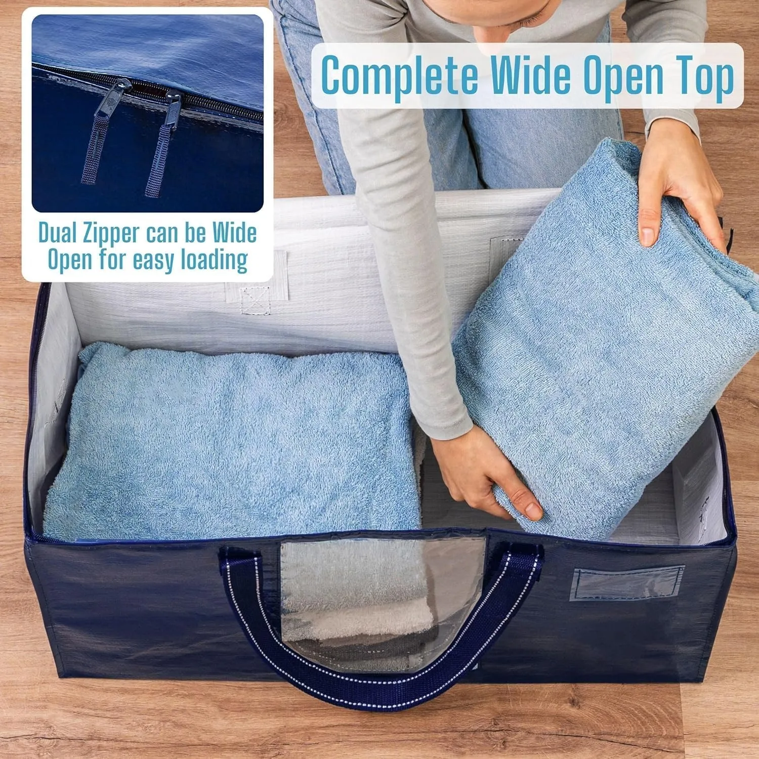 VENO 6 Pack Moving Bags, Comforter and Blanket Storage Bags for Closet, Moving Boxes, Boxes with Lids Alternative, College Dorm Packing Supplies, Foldable Heavy-Duty Tote with Window (Blue, 6 Pack)