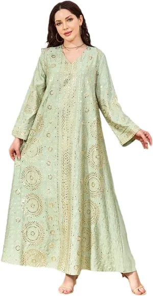 Vsadsau Women Sequin Moroccan Dress Caftan Casual Loose Robe Long Sleeve Printed Chiffon Dresses