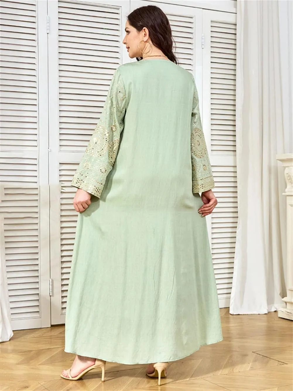 Vsadsau Women Sequin Moroccan Dress Caftan Casual Loose Robe Long Sleeve Printed Chiffon Dresses