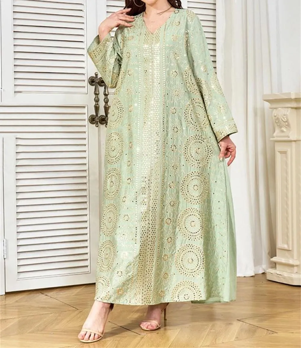Vsadsau Women Sequin Moroccan Dress Caftan Casual Loose Robe Long Sleeve Printed Chiffon Dresses