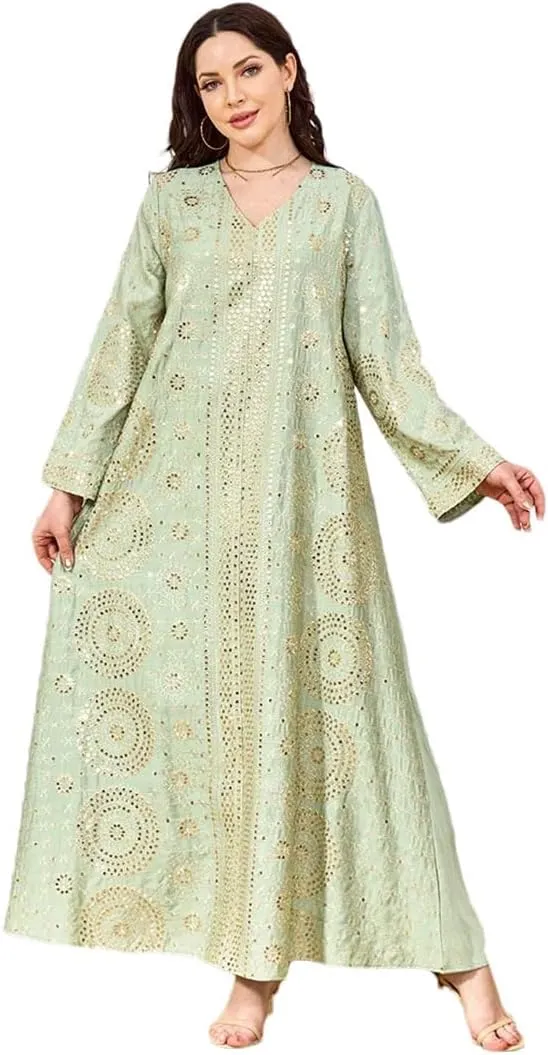 Vsadsau Women Sequin Moroccan Dress Caftan Casual Loose Robe Long Sleeve Printed Chiffon Dresses
