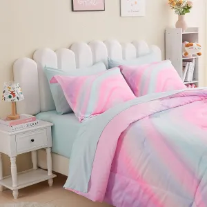 Wajade Girls Pink Comforter Set Bed in A Bag Queen Size 7 Piece 3D Colorful Tie Dye Pink Rainbow Bedding Set for Teens Girls (1 Comforter, 1 Flat Sheet, 1 Fitted Sheet, 2 Pillowcase and 2 Pillow Sham)