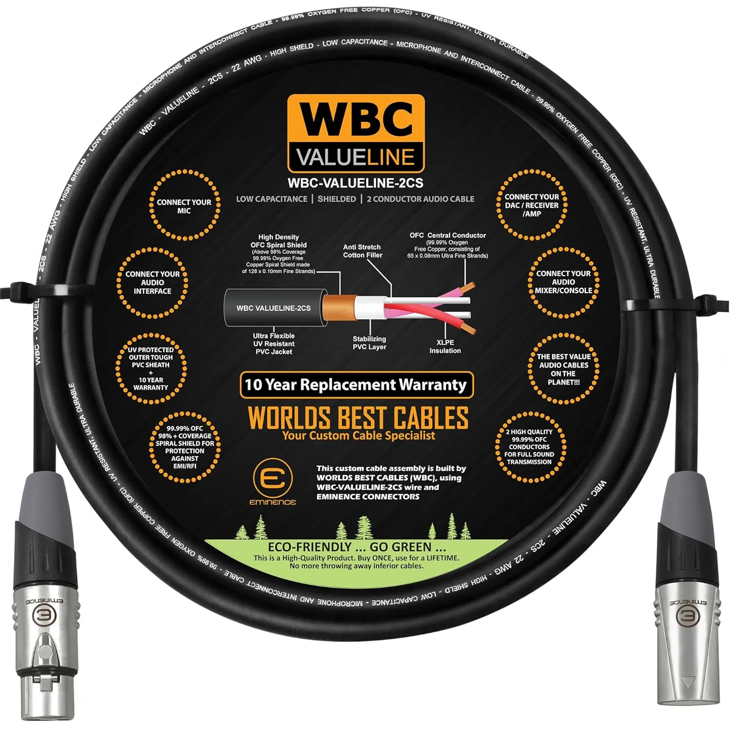 WBC-VALUELINE-2CS (22 AWG) - 5 Foot–Low-Capacitance Shielded Balanced Flexible Microphone, Active-Speaker & Interconnect Cables with Eminence Gold XLR Connectors