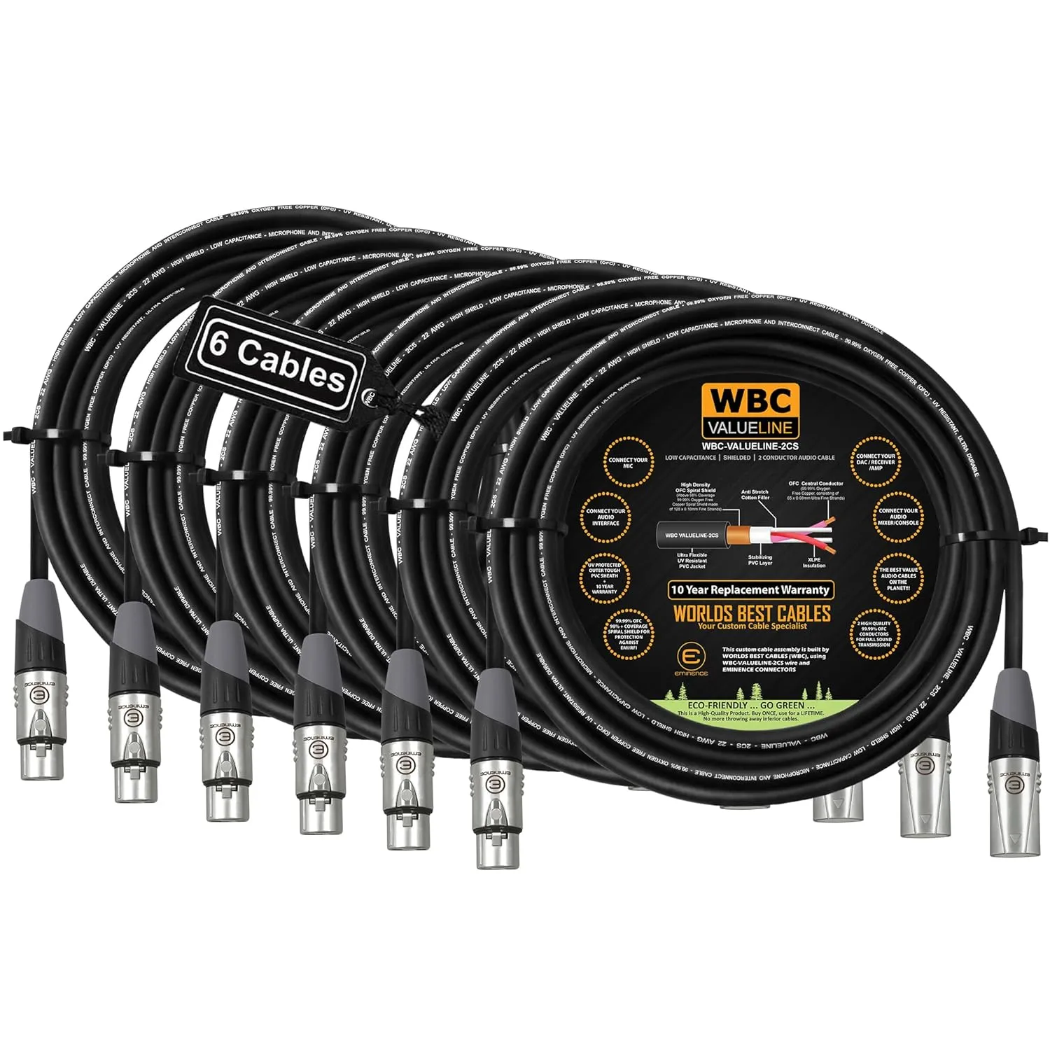 WBC-VALUELINE-2CS (22 AWG) - 6 Units - 10 Foot–Low-Capacitance Shielded Balanced Flexible Microphone, Active-Speaker & Interconnect Cables with Eminence Gold XLR Connectors