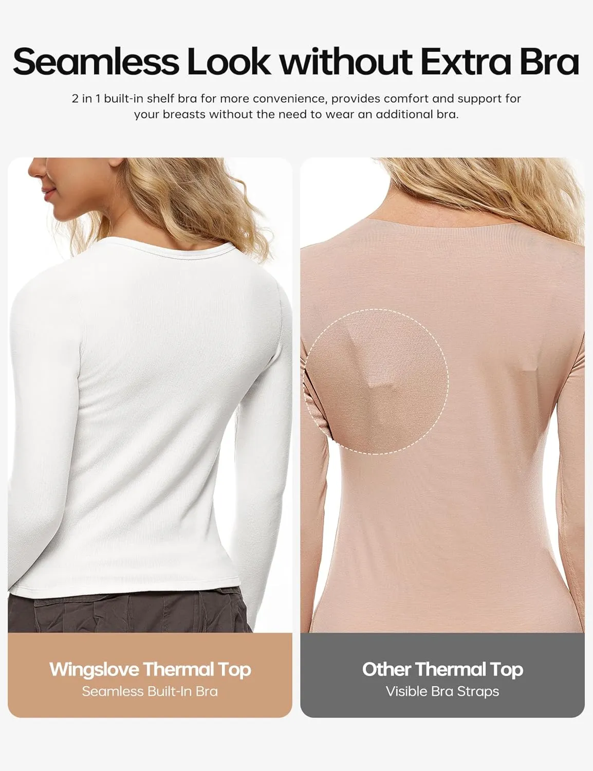 Wingslove Women's Long Sleeve Shirts Thermal Tops V Neck Built in Bra Cold Weather Fit Warm Base Layer Outfits