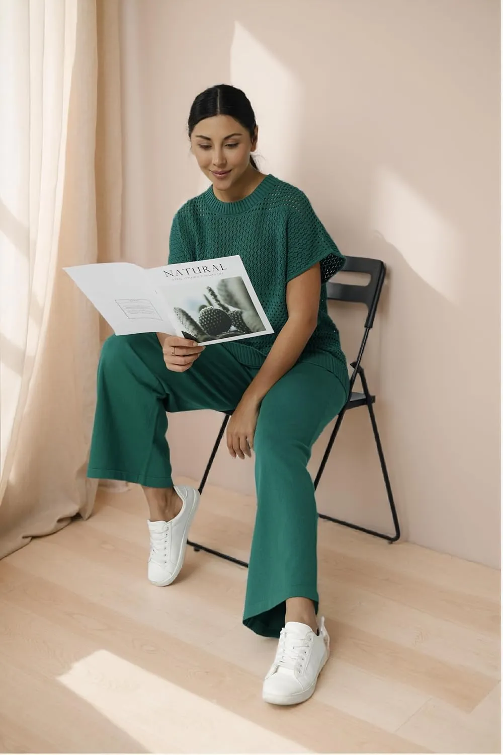 Women's 2-Piece Cotton Knit Set - Breathable Lounge to Office Outfit, Spring Fall Travel Essentials