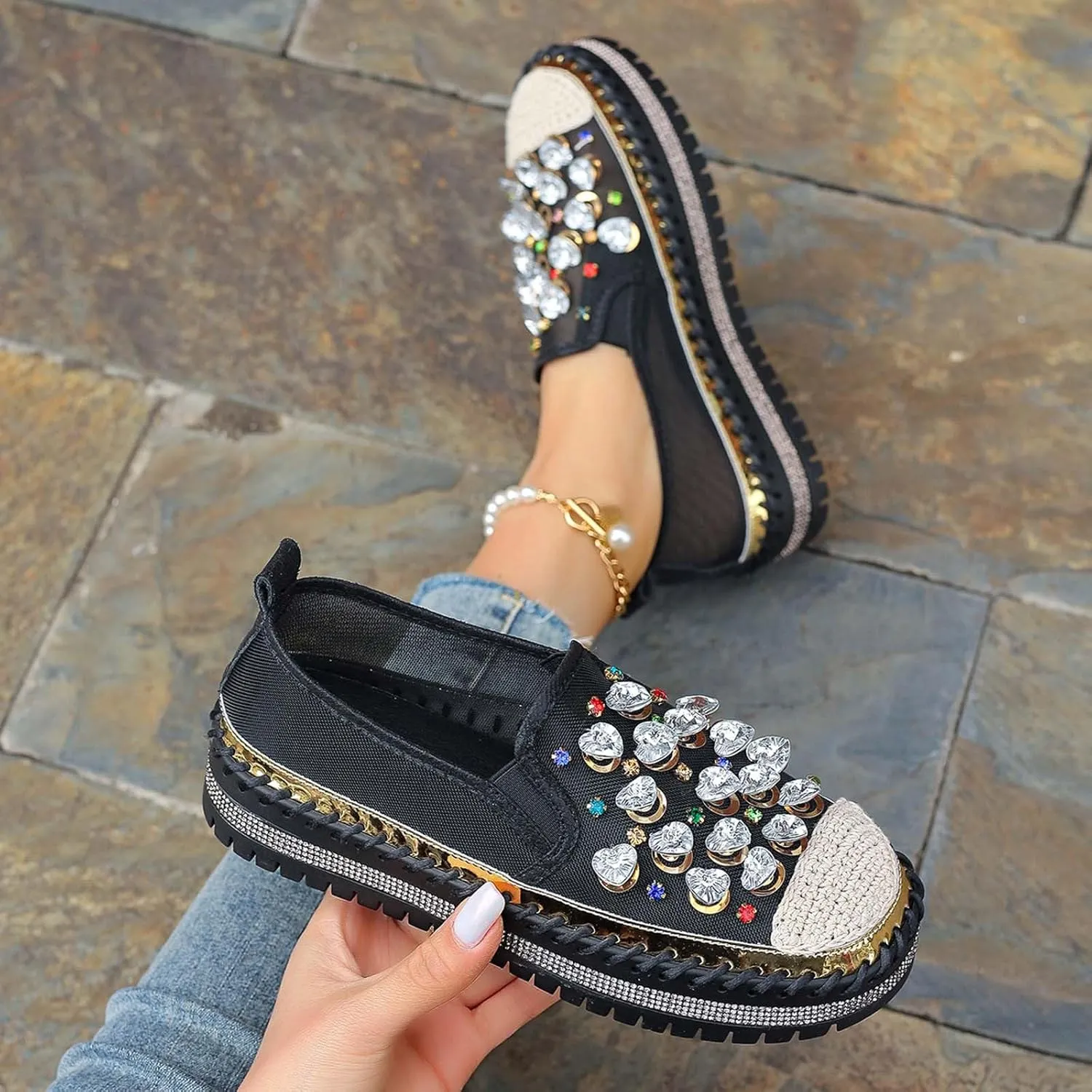 Women's Casual Slip On Loafers Fashion Breathable Mesh Platform Shoes with Rhinestone Decorations for Spring